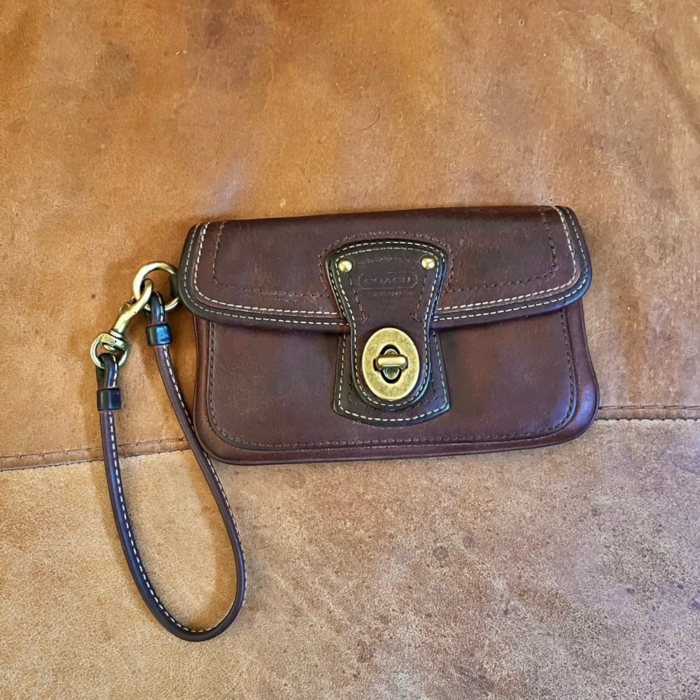 Brown Coach legacy Leather Wristlet with brassAccents